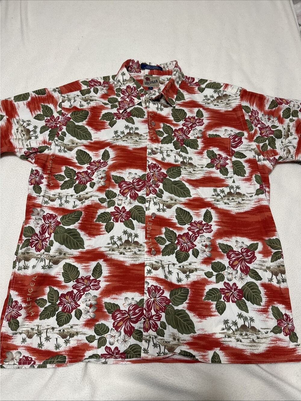 RARE Tommy Hilfiger Hawaiian Aloha Shirt XL Floral Island Print Cream Rust Color
